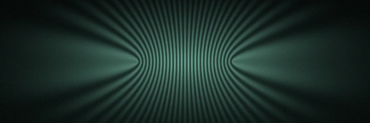 Dark teal abstract of fine parallel waves curving inward to a point on each side, forming a glowing interference pattern down the center.