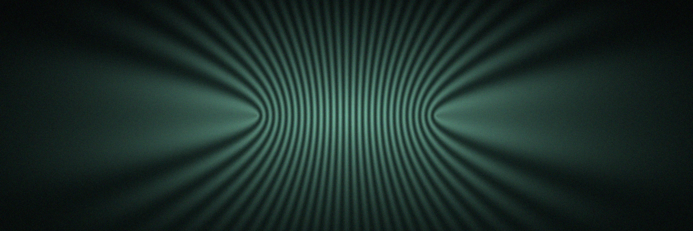 Dark teal abstract of fine parallel waves curving inward to a point on each side, forming a glowing interference pattern down the center.
