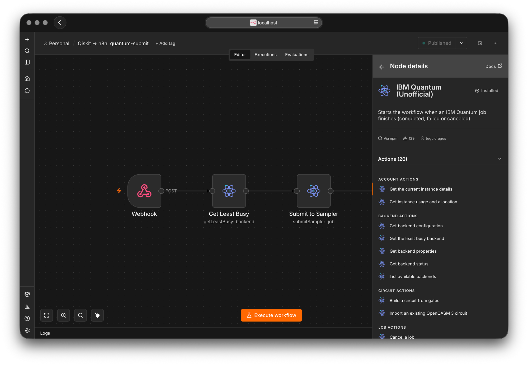 The IBM Quantum node in n8n next to a published workflow, where a webhook feeds Get Least Busy and Submit to Sampler, with the node action list open showing twenty actions