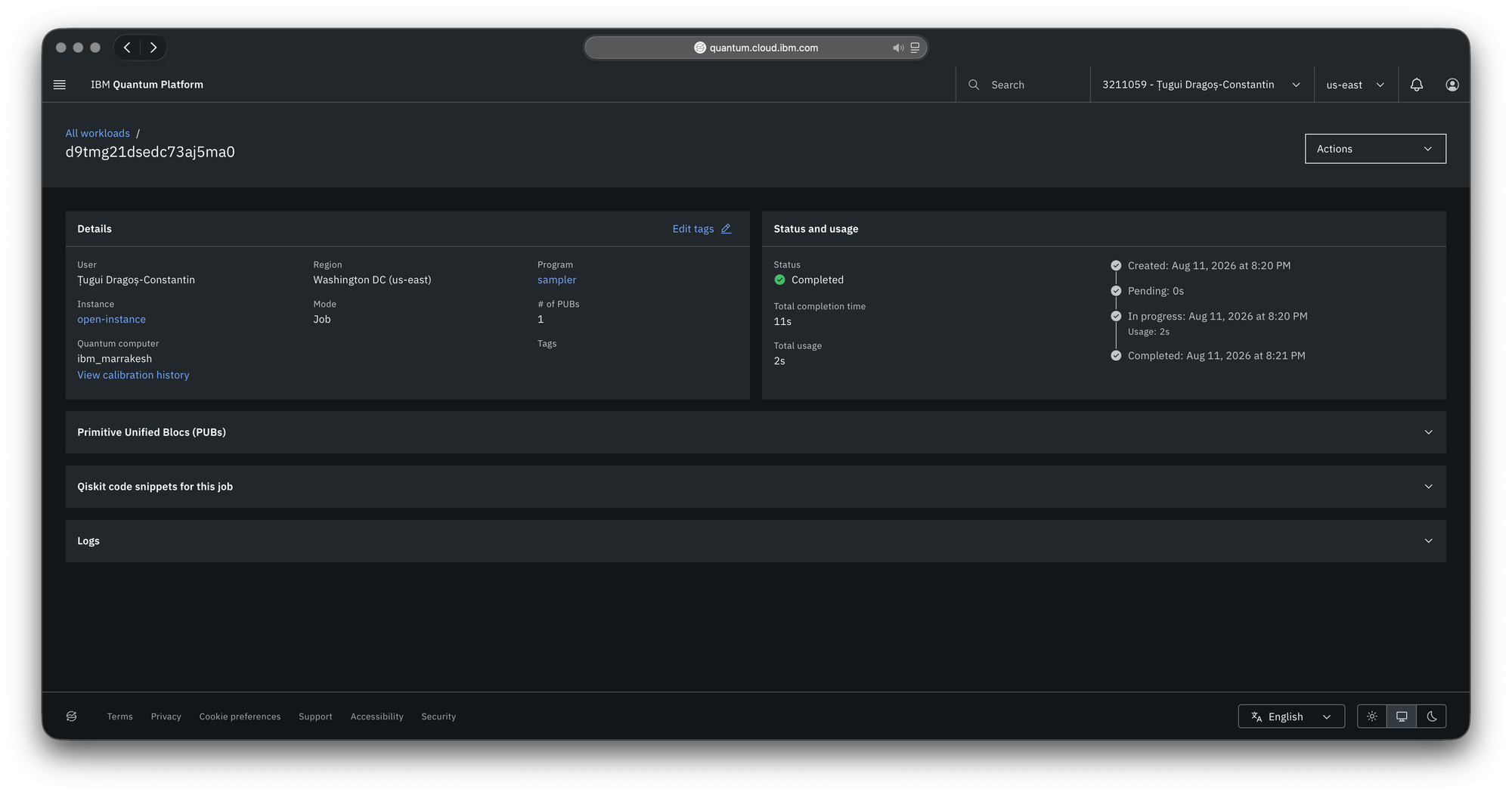 The IBM Quantum Platform workload page for job d9tmg21dsedc73aj5ma0, showing a completed sampler job on ibm_marrakesh, created and finished on 11 August 2026, with eleven seconds total completion time and two seconds of QPU usage.