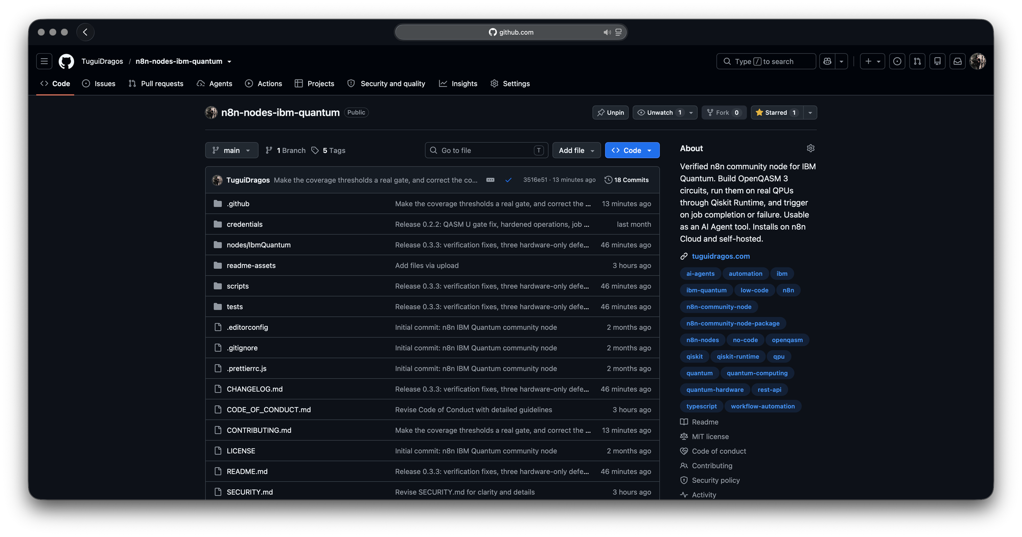 GitHub repository page for the n8n-nodes-ibm-quantum community node at release 0.3.3