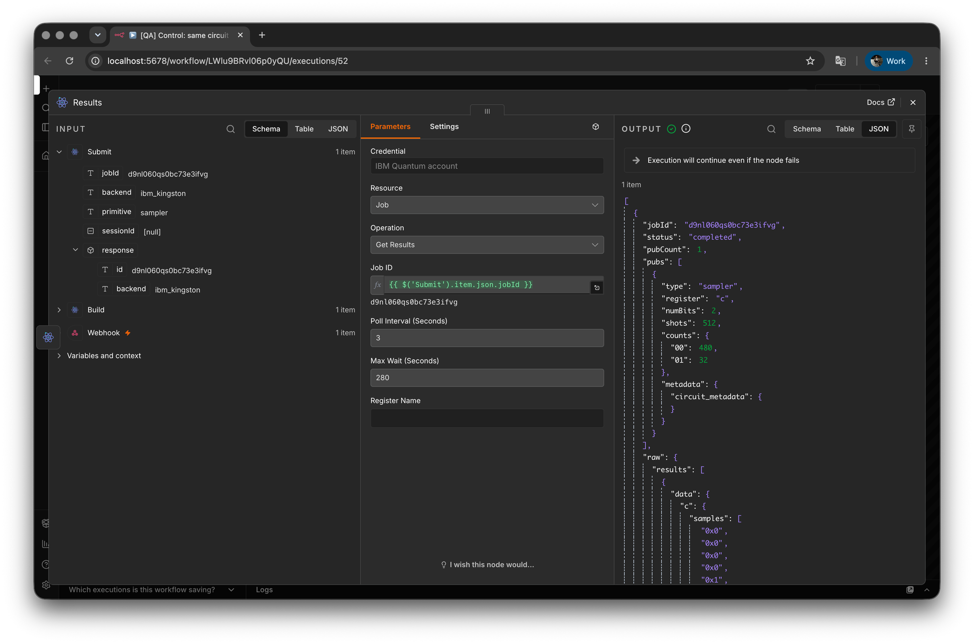 n8n Get Results output showing counts 00 at 480 and 01 at 32 over 512 shots on ibm_kingston