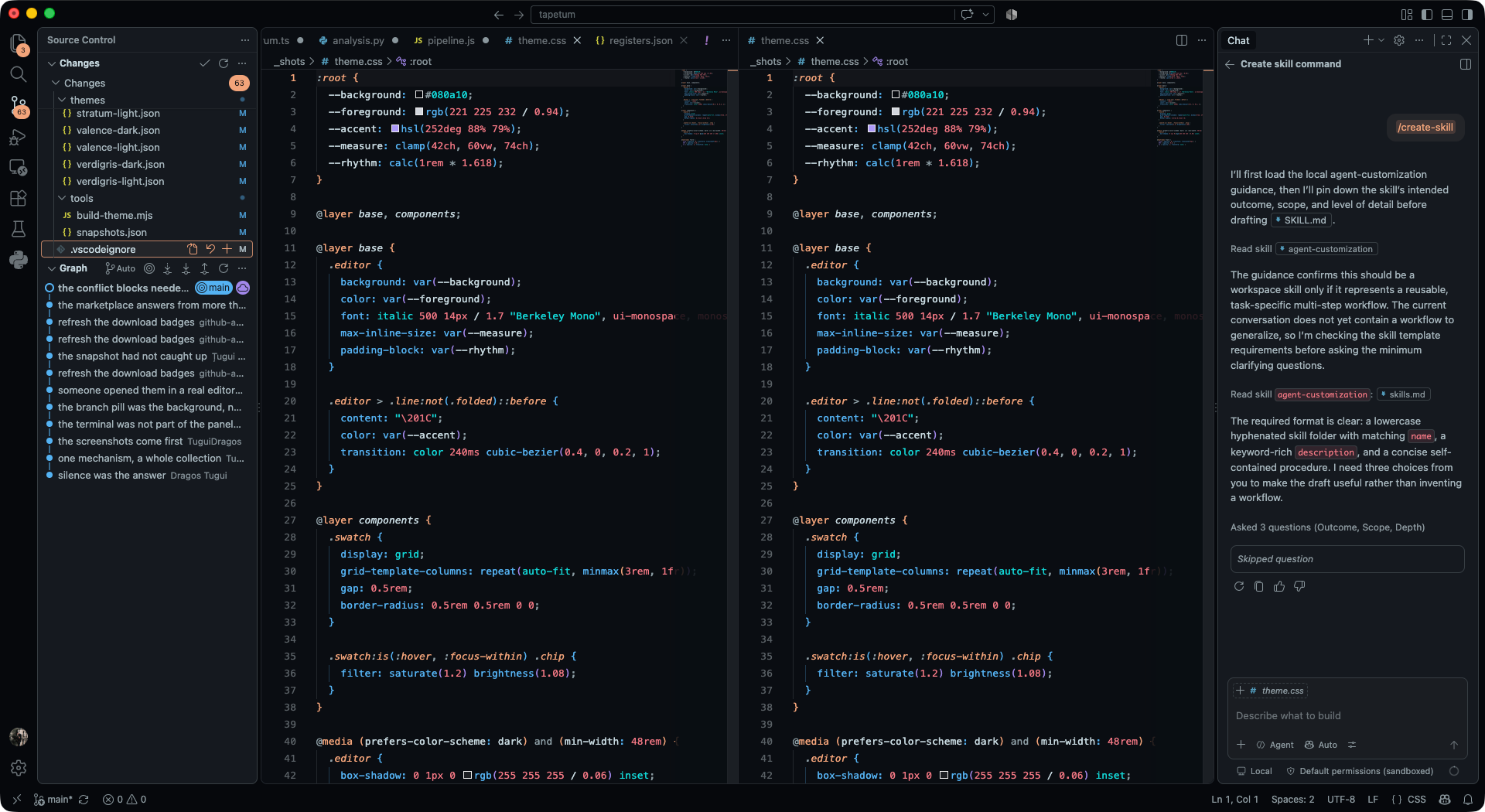 VS Code in Tapetum Aerogel, a cold blue black editor, the colour aerogel shows against a dark background.