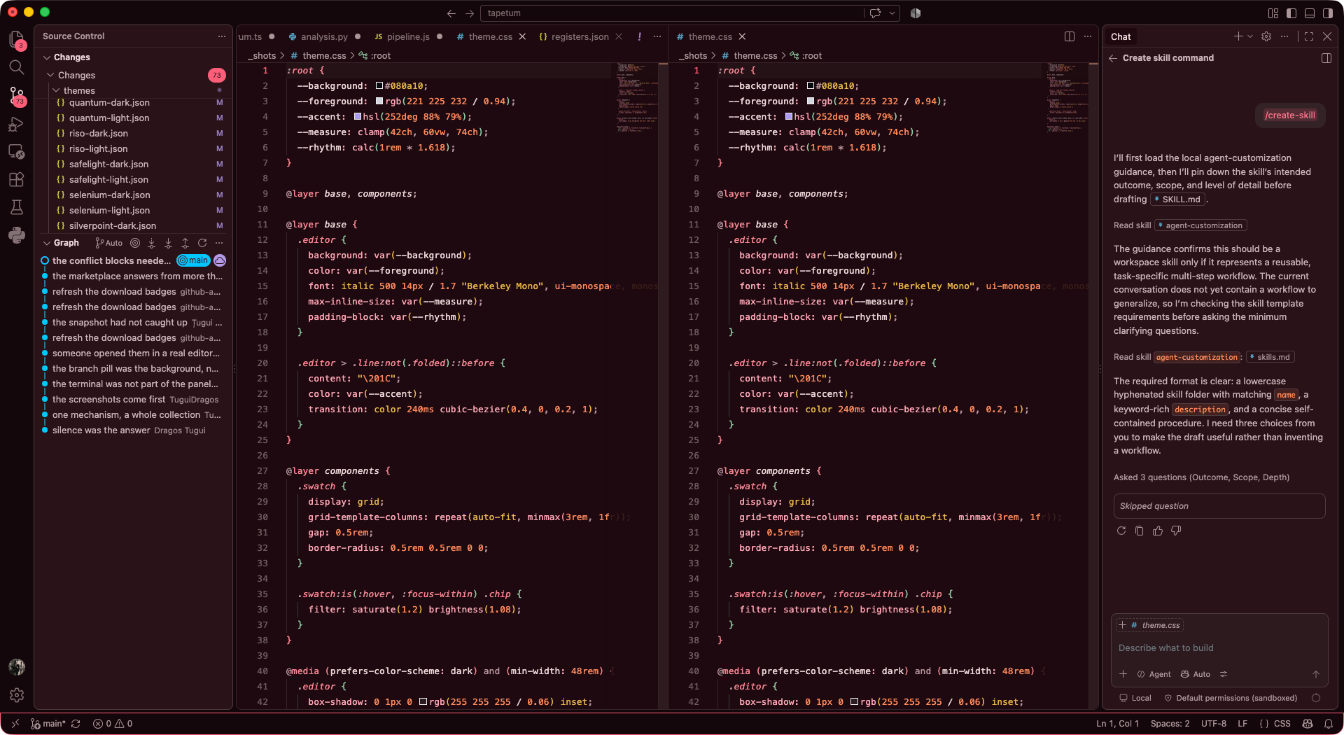 VS Code in Tapetum Cochineal, a crimson black editor with scarlet and rose syntax.