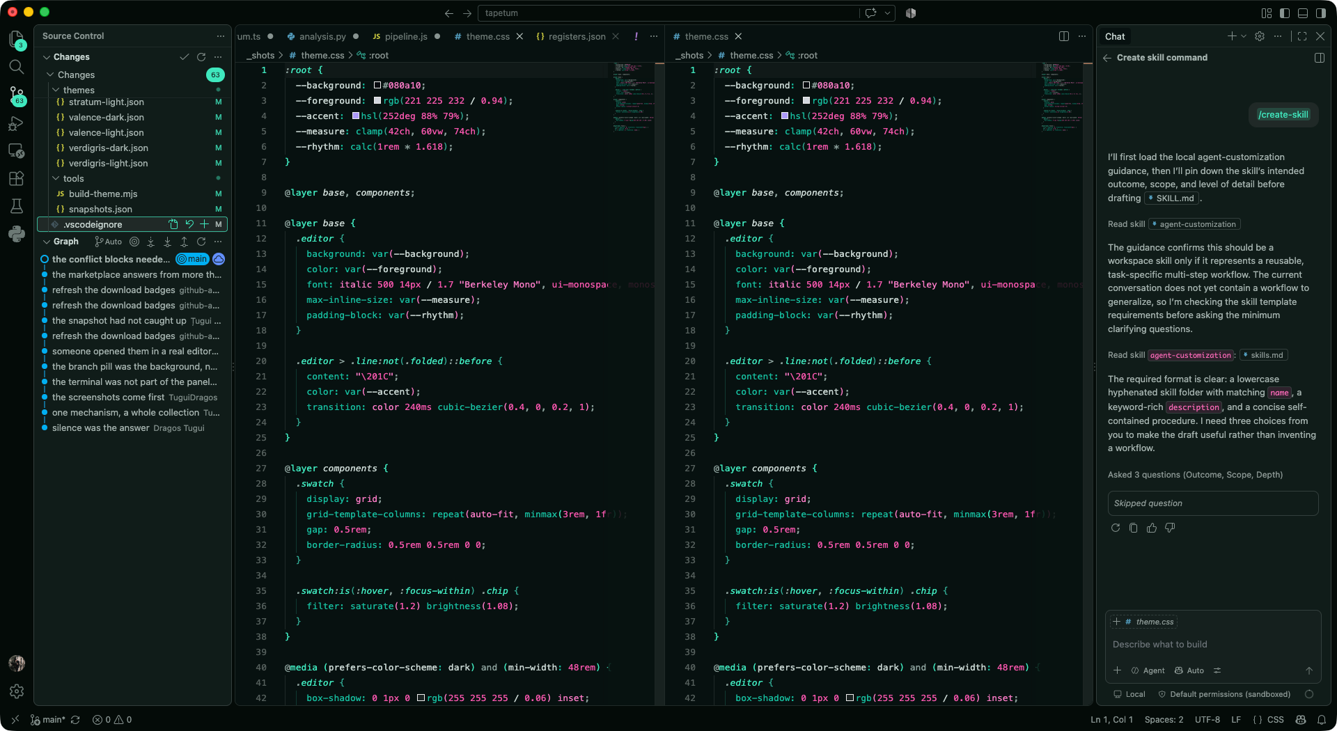 VS Code in Tapetum Dichroic, a dark green black editor with only two hues, teal for structure and magenta for data.