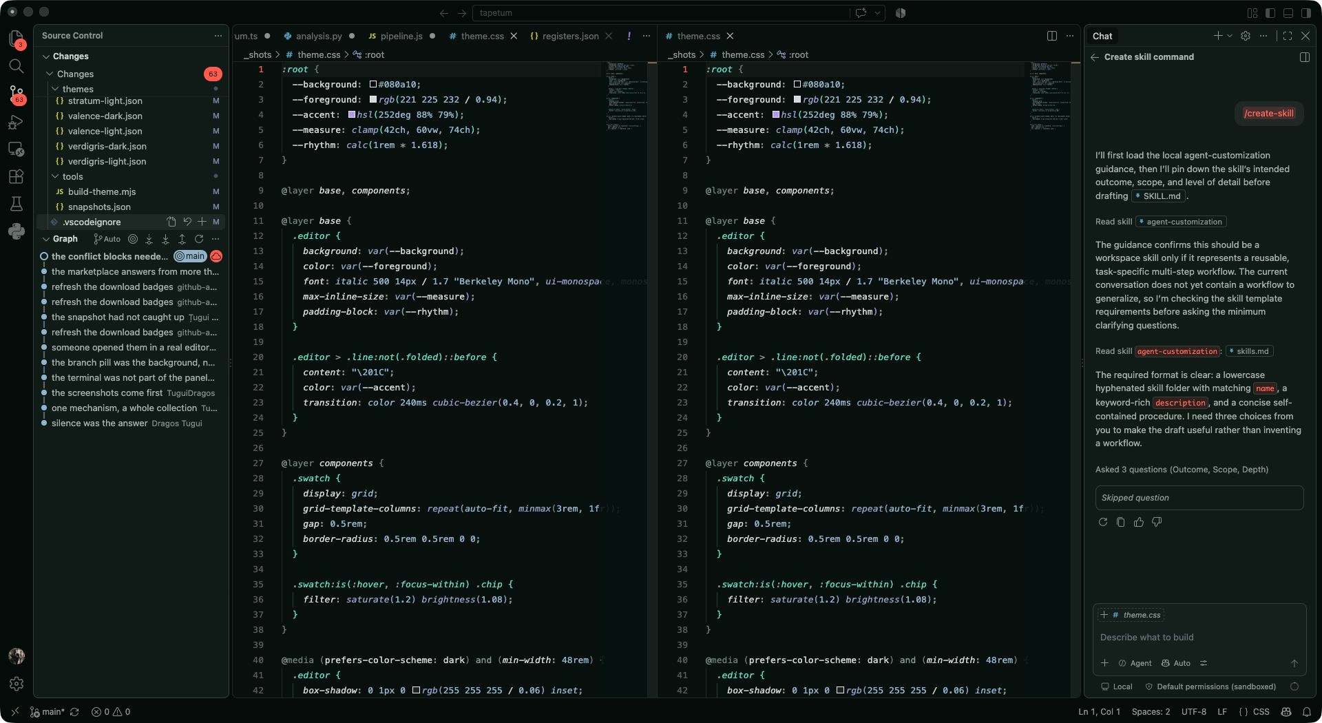 VS Code in Tapetum Effect, a near black green editor where mutation and async burn orange while pure code stays cold.