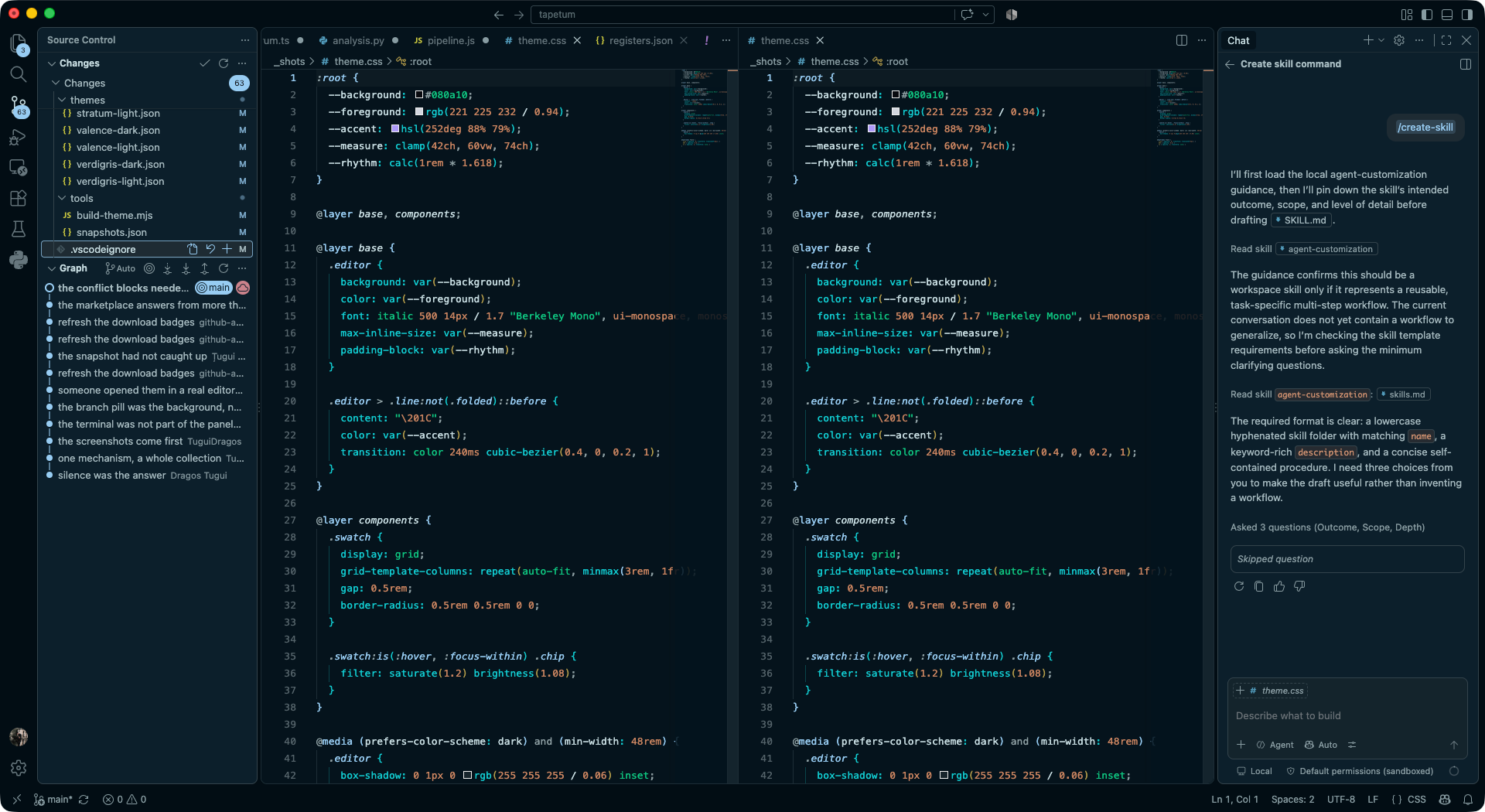 VS Code in Tapetum Hadal, a deep sea blue editor where cyan and green carry the code and the red sits back.