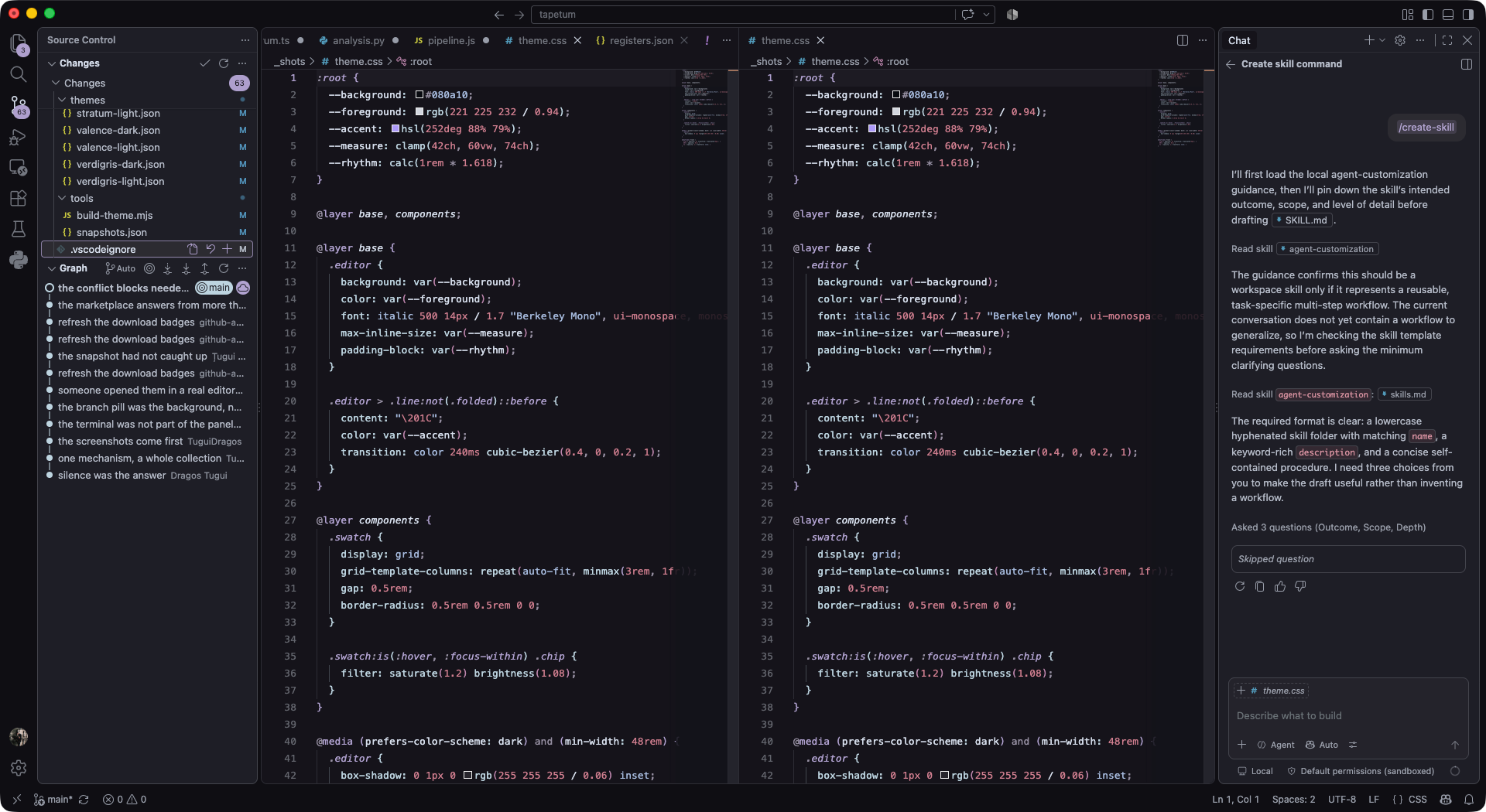 VS Code in Tapetum Selenium, a dark aubergine editor showing CSS, source control on the left, chat on the right.