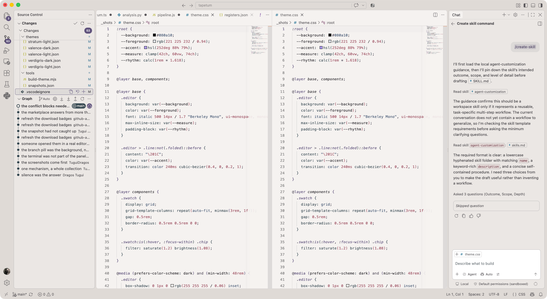 The same file in Tapetum Selenium Light, a warm off white editor with muted purple and slate syntax.