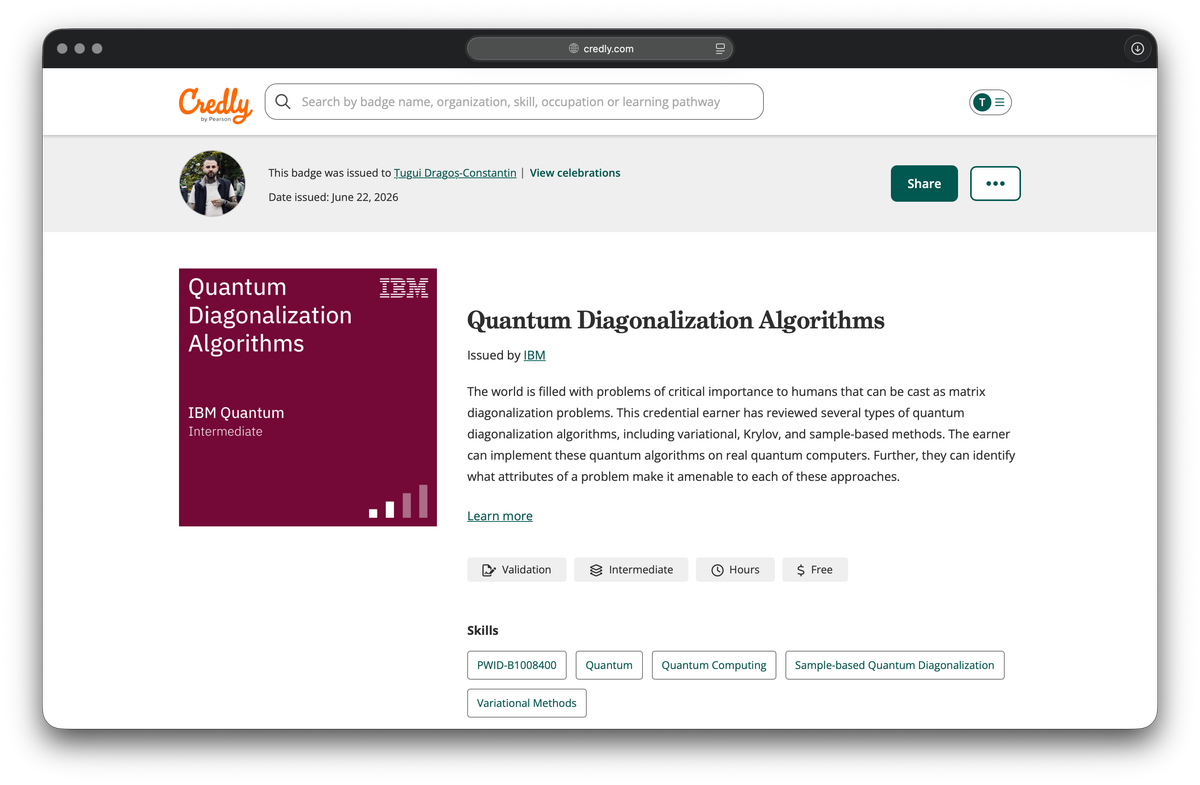 The IBM Quantum Diagonalization Algorithms badge on Credly, issued by IBM Quantum on June 22, 2026.