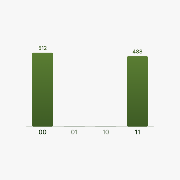A bar chart histogram with two tall columns at 00 and 11 and almost no counts at 01 and 10.