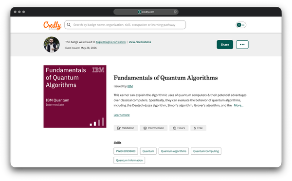 The IBM Fundamentals of Quantum Algorithms badge on Credly, issued by IBM Quantum on May 28, 2026.