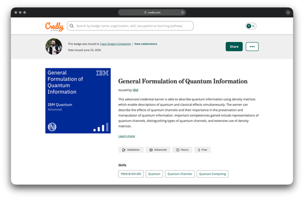 The IBM General Formulation of Quantum Information badge on Credly, issued by IBM Quantum on June 23, 2026.