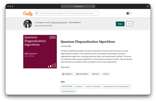 The IBM Quantum Diagonalization Algorithms badge on Credly, issued by IBM Quantum on June 22, 2026.