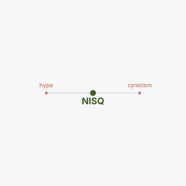 A horizontal spectrum with hype on the left, cynicism on the right, and NISQ marked at the centre.