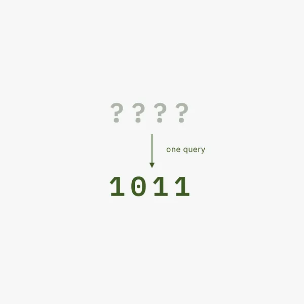 Four question marks above an arrow labelled one query, resolving to the recovered bitstring 1011.