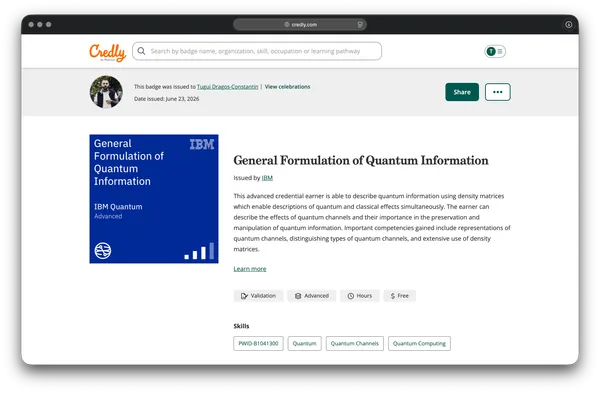 The IBM General Formulation of Quantum Information badge on Credly, issued by IBM Quantum on June 23, 2026.