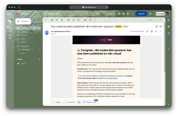 Email from the n8n Creator Portal confirming that the community node n8n-nodes-ibm-quantum has been verified and published on n8n Cloud.