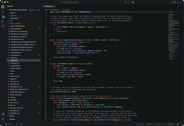 results.ts open in VS Code, showing the sample parsing functions in the n8n-nodes-ibm-quantum source tree
