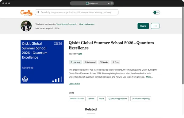 The IBM Qiskit Global Summer School 2026 Quantum Excellence badge on Credly, issued by IBM Quantum on August 21, 2026.