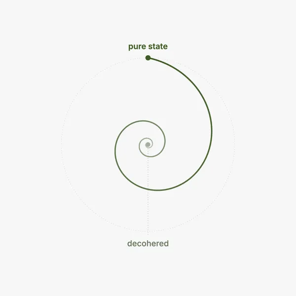 An inward spiral that starts at a labelled pure state on the outside and winds to a decohered point at the centre.