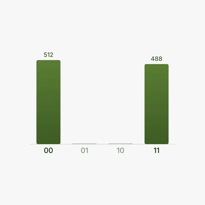 A bar chart histogram with two tall columns at 00 and 11 and almost no counts at 01 and 10.