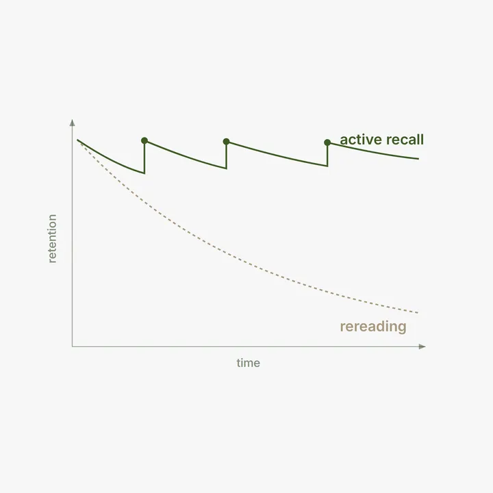 A retention over time chart with a rising sawtooth curve for active recall above a declining dashed curve for rereading.