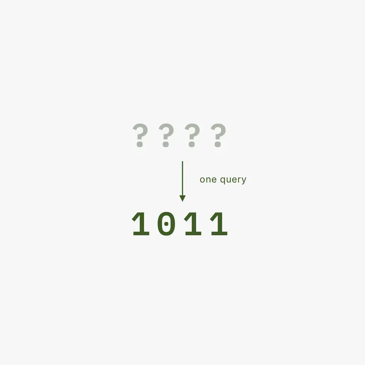 Four question marks above an arrow labelled one query, resolving to the recovered bitstring 1011.