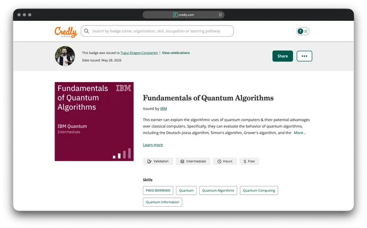 The IBM Fundamentals of Quantum Algorithms badge on Credly, issued by IBM Quantum on May 28, 2026.