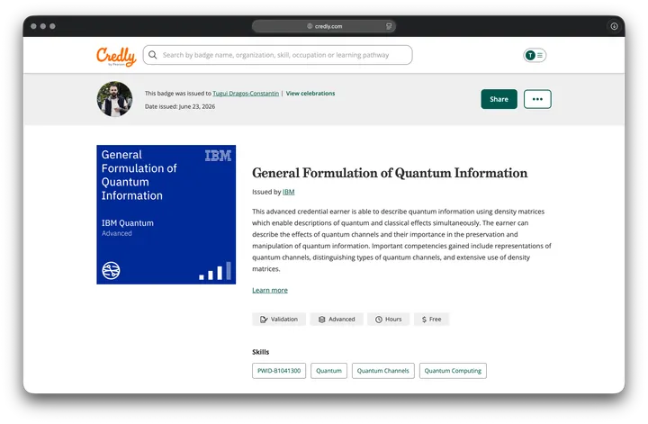 The IBM General Formulation of Quantum Information badge on Credly, issued by IBM Quantum on June 23, 2026.