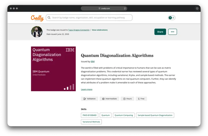 The IBM Quantum Diagonalization Algorithms badge on Credly, issued by IBM Quantum on June 22, 2026.
