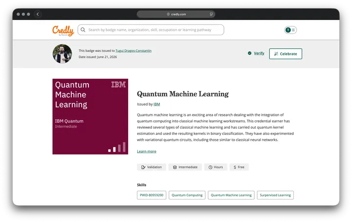 The IBM Quantum Machine Learning badge displayed on Credly, an Intermediate credential issued by IBM Quantum.