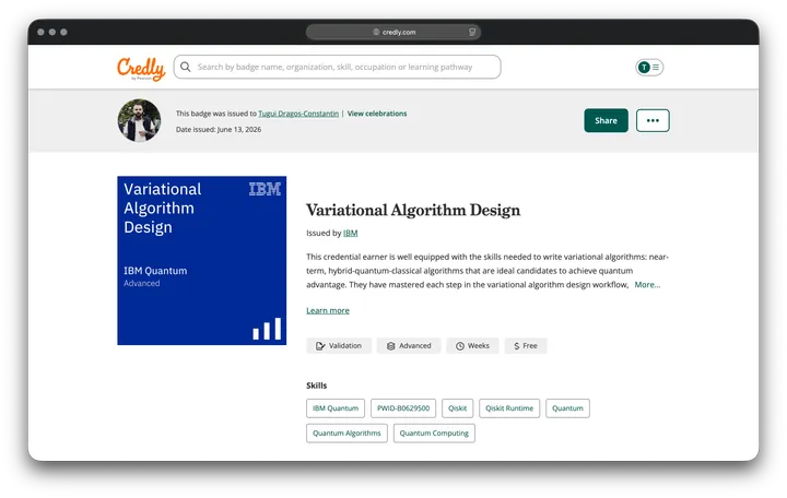 The IBM Variational Algorithm Design badge on Credly, issued by IBM Quantum on June 13, 2026.