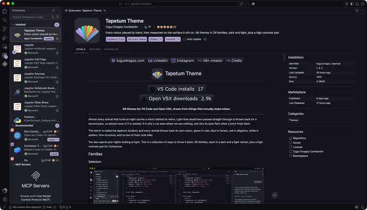 The Tapetum Theme page on the Visual Studio Marketplace, showing the fan icon and a dark editor preview.