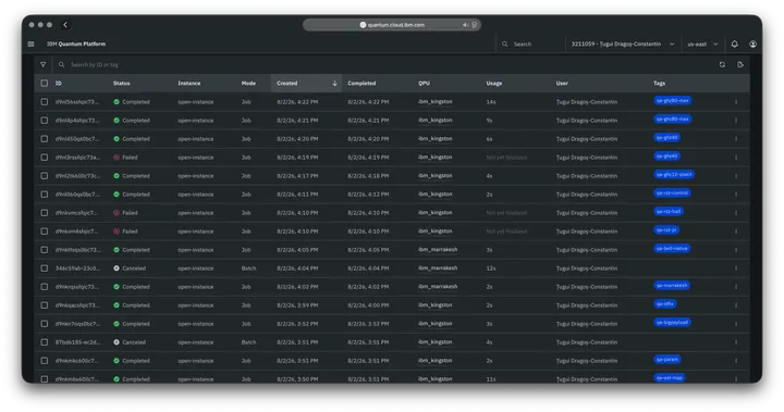 IBM Quantum workloads list showing tagged jobs on ibm_kingston and ibm_marrakesh with per job QPU usage