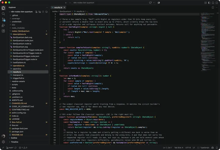 results.ts open in VS Code, showing the sample parsing functions in the n8n-nodes-ibm-quantum source tree