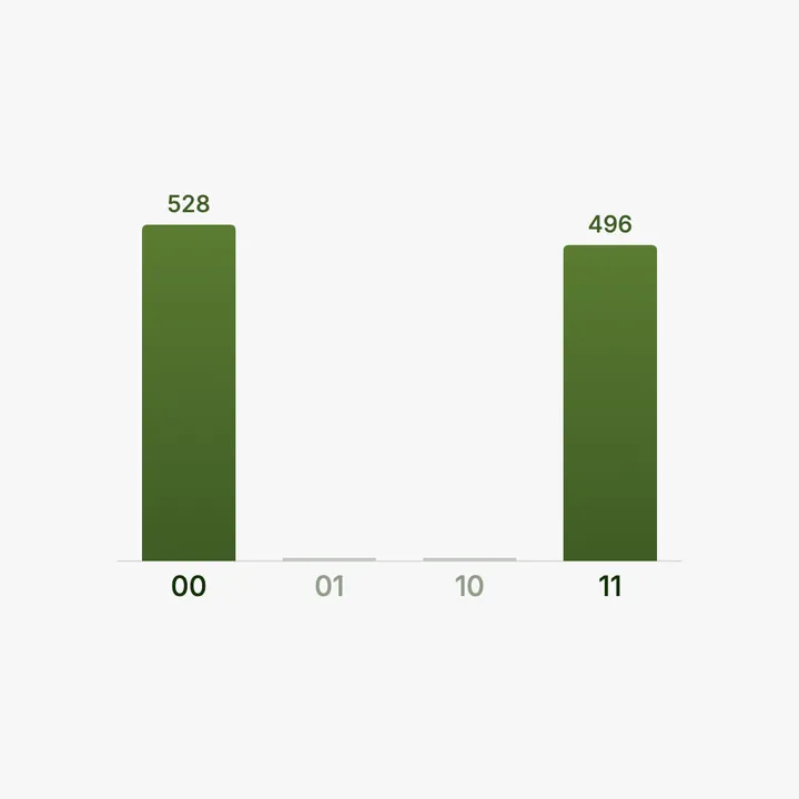 A bar chart histogram with two tall columns at 00 and 11 and almost no counts at 01 and 10.